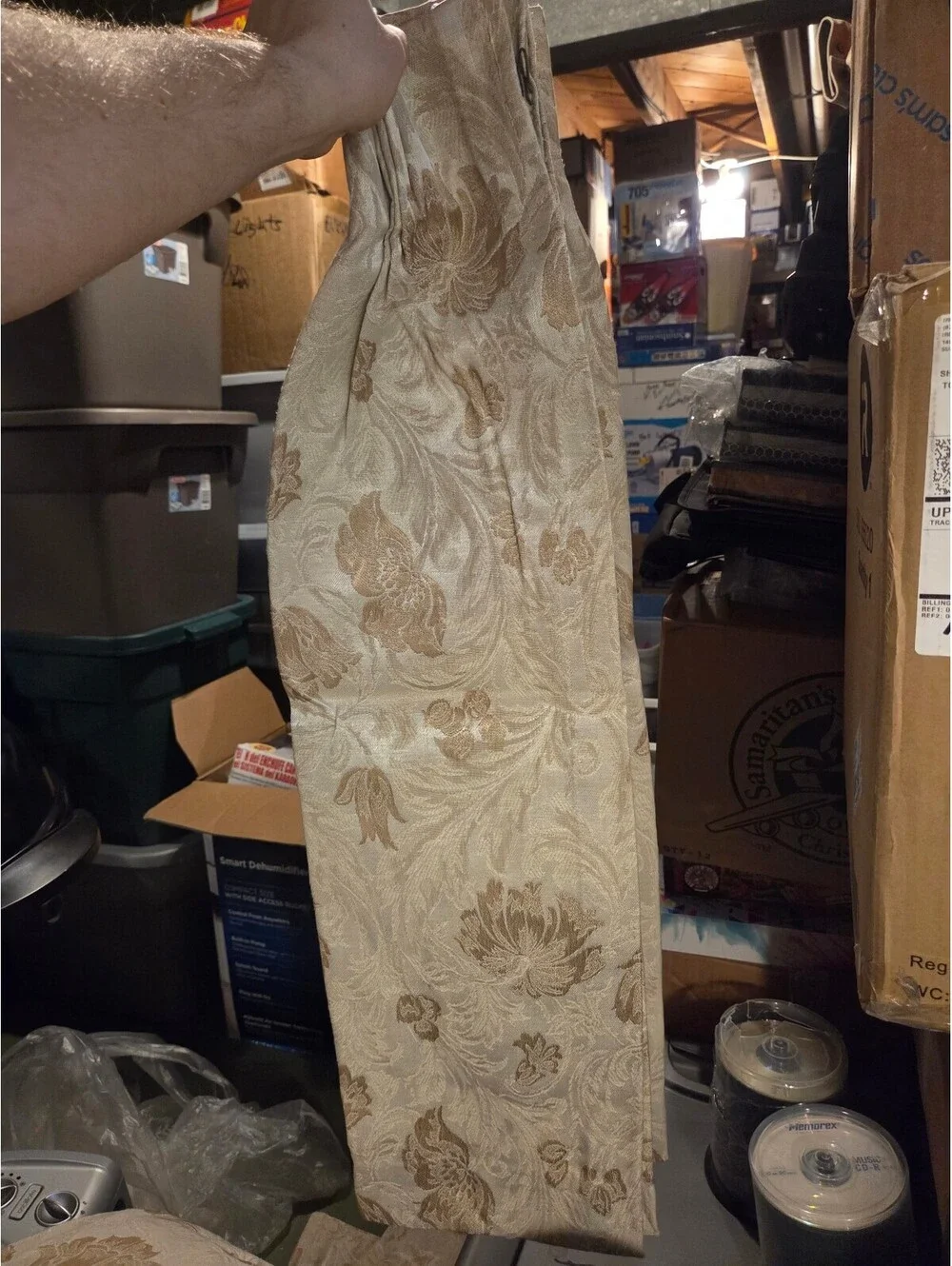 Vintage Permanent Press Floral Pinch Pleat Drapes Beige Tan Brocade Curtains 2PC